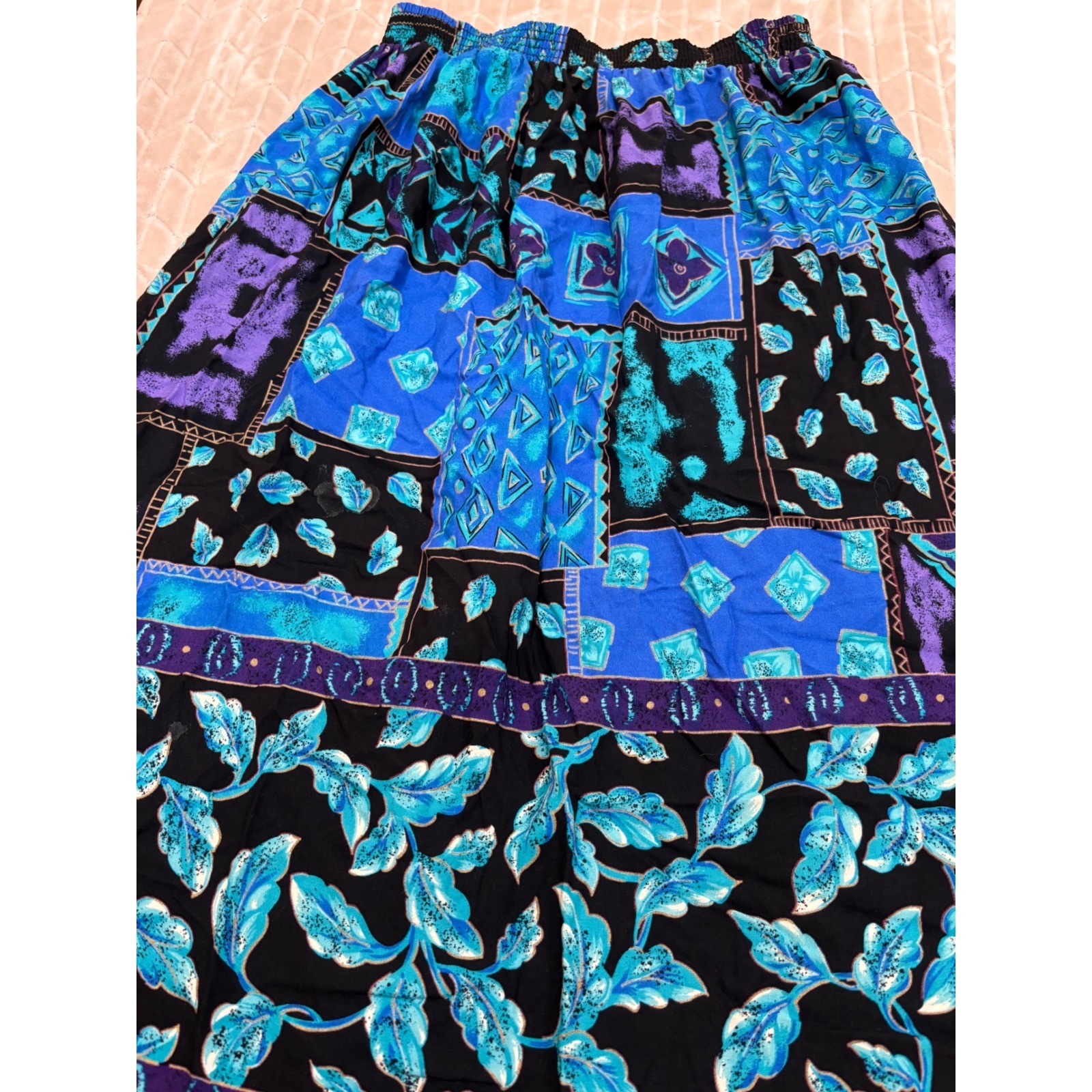 Vintage 90s Boho Patchwork Rayon Knee Length Skirt Small Art Teacher Whimsigoth