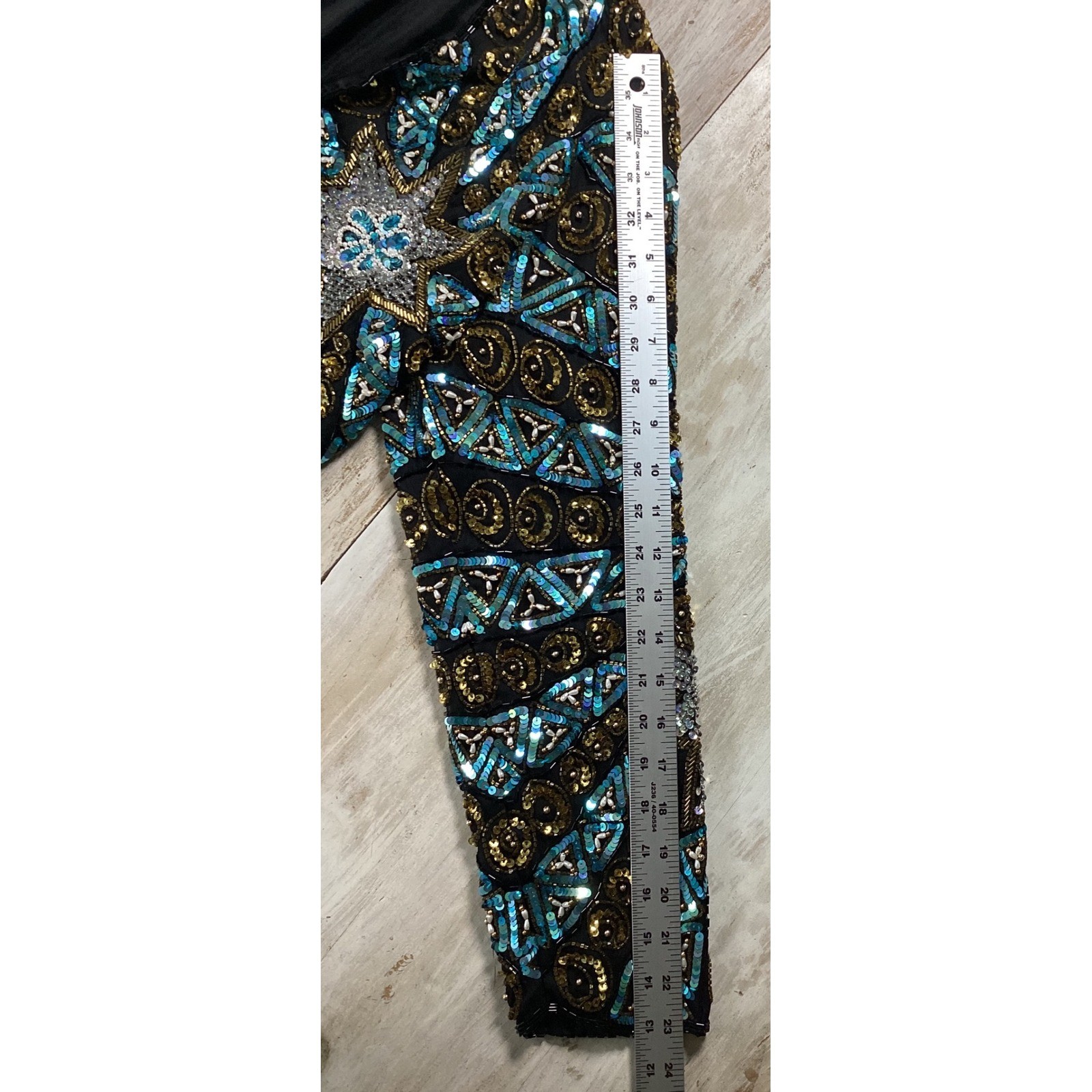 Scala Vintage Beaded Silk Bolero Jacket Gold Turquoise Sequin Starburst Medium