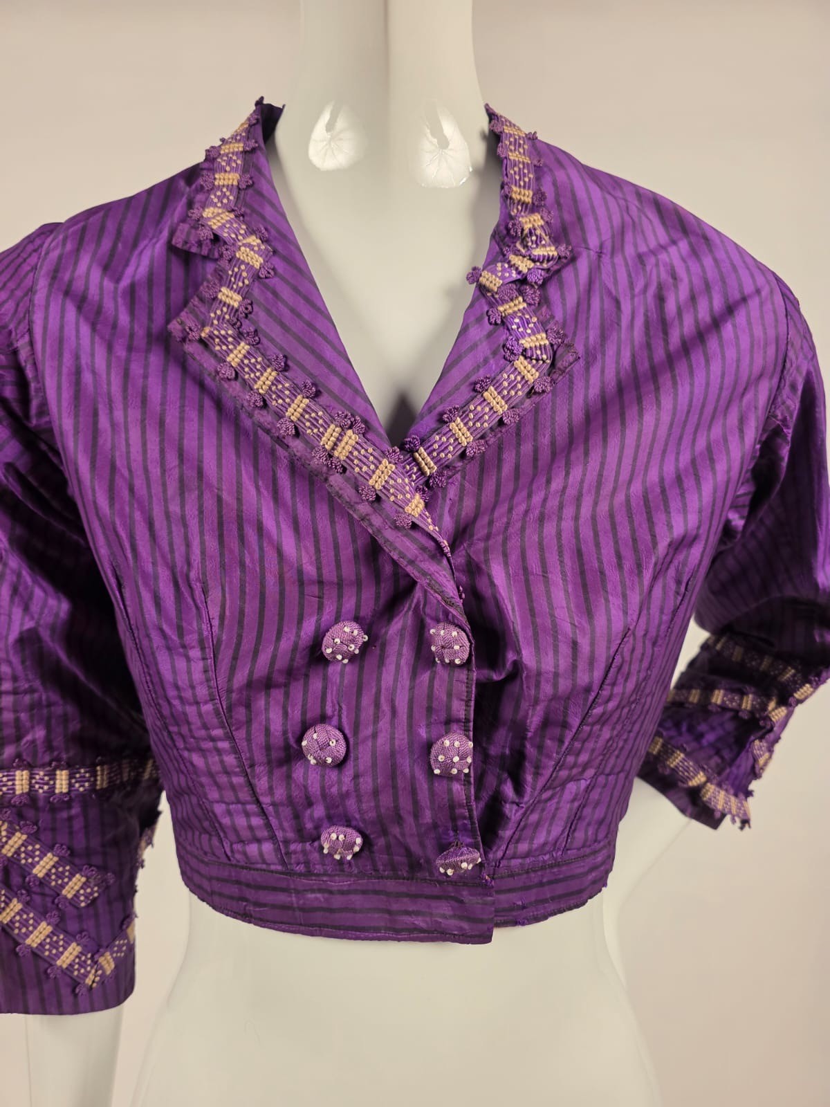 VICTORIAN PINSTRIPED PURPLE SILK TAFFETA BODICE W BRAID + BEADED BUTTONS