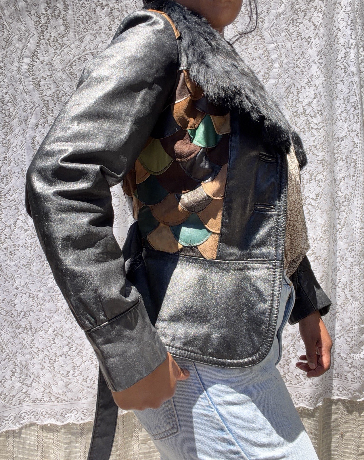Rare 1970s Genuine Leather Scalloped Fish Scale Jacket Fur Collar Belted XS S