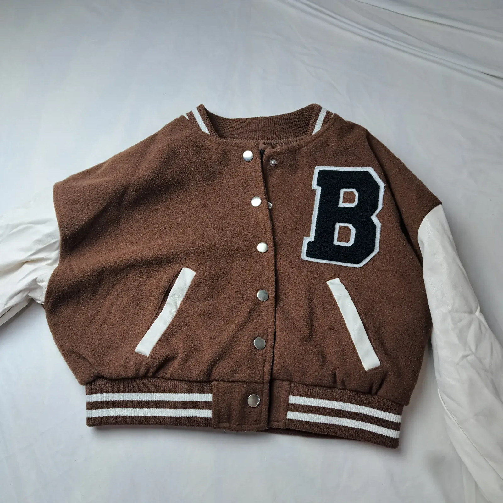Love Tree Womens Small Brown Letterman Varsity Jacket Wool Blend Faux Leather