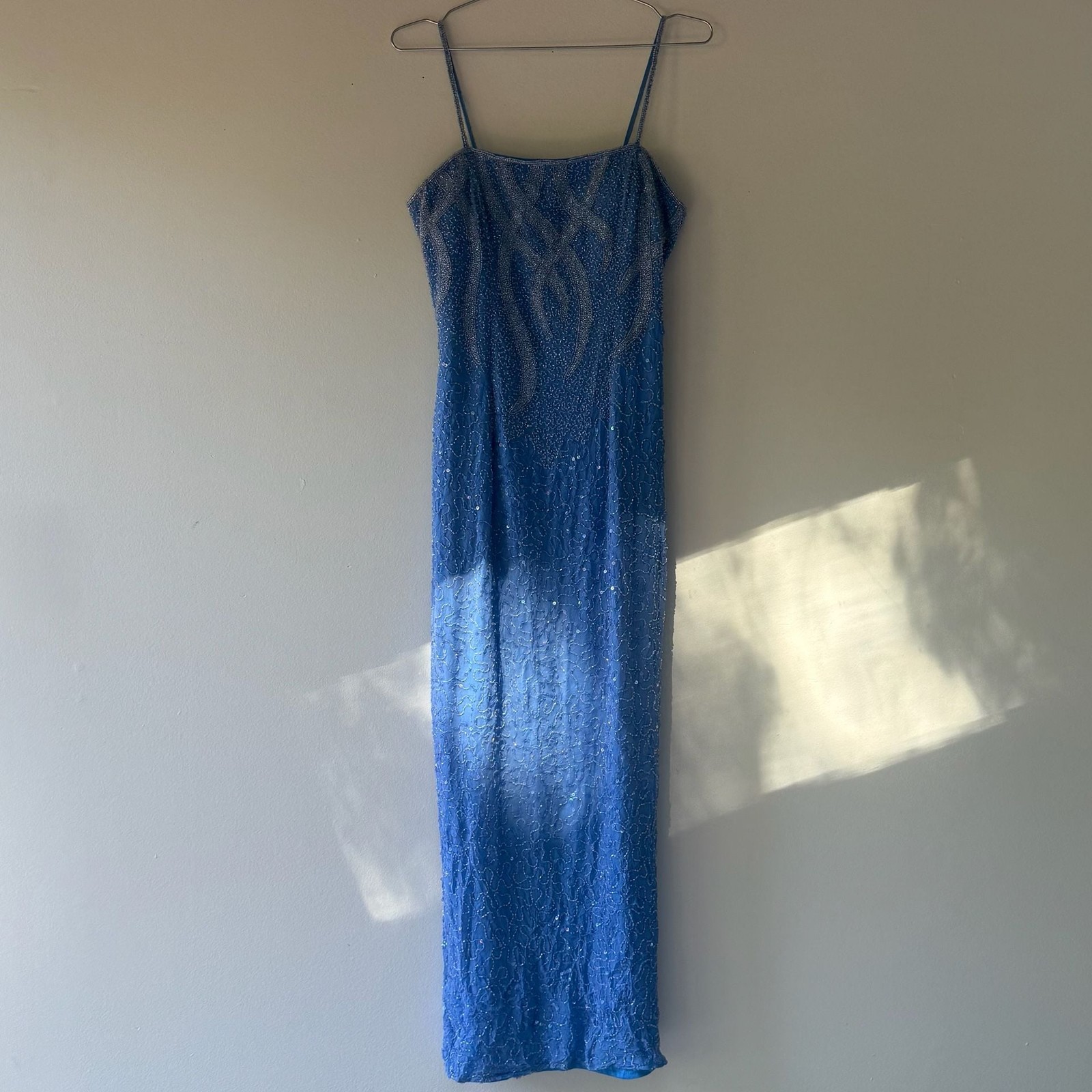 Vintage Blue Fully Beaded 100% Silk Maxi Column Evening Gown