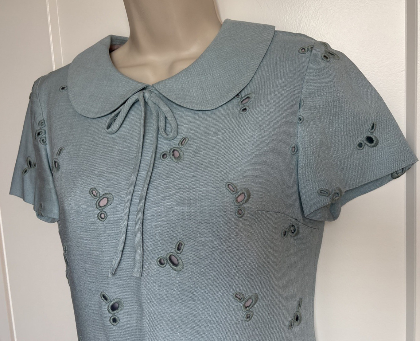 Adele Martin Vintage Lined Baby Blue Eyelet Peter Pan Collar Short Sleeve