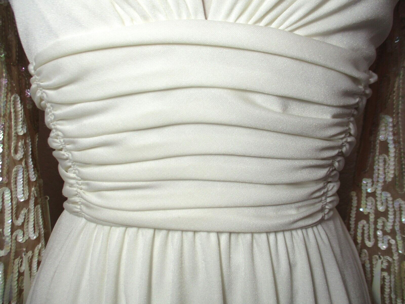 Vtg 70s Lilli Diamond Maxi Dress Gown XS/S Ivory Drop Sequin Statement Sleeves