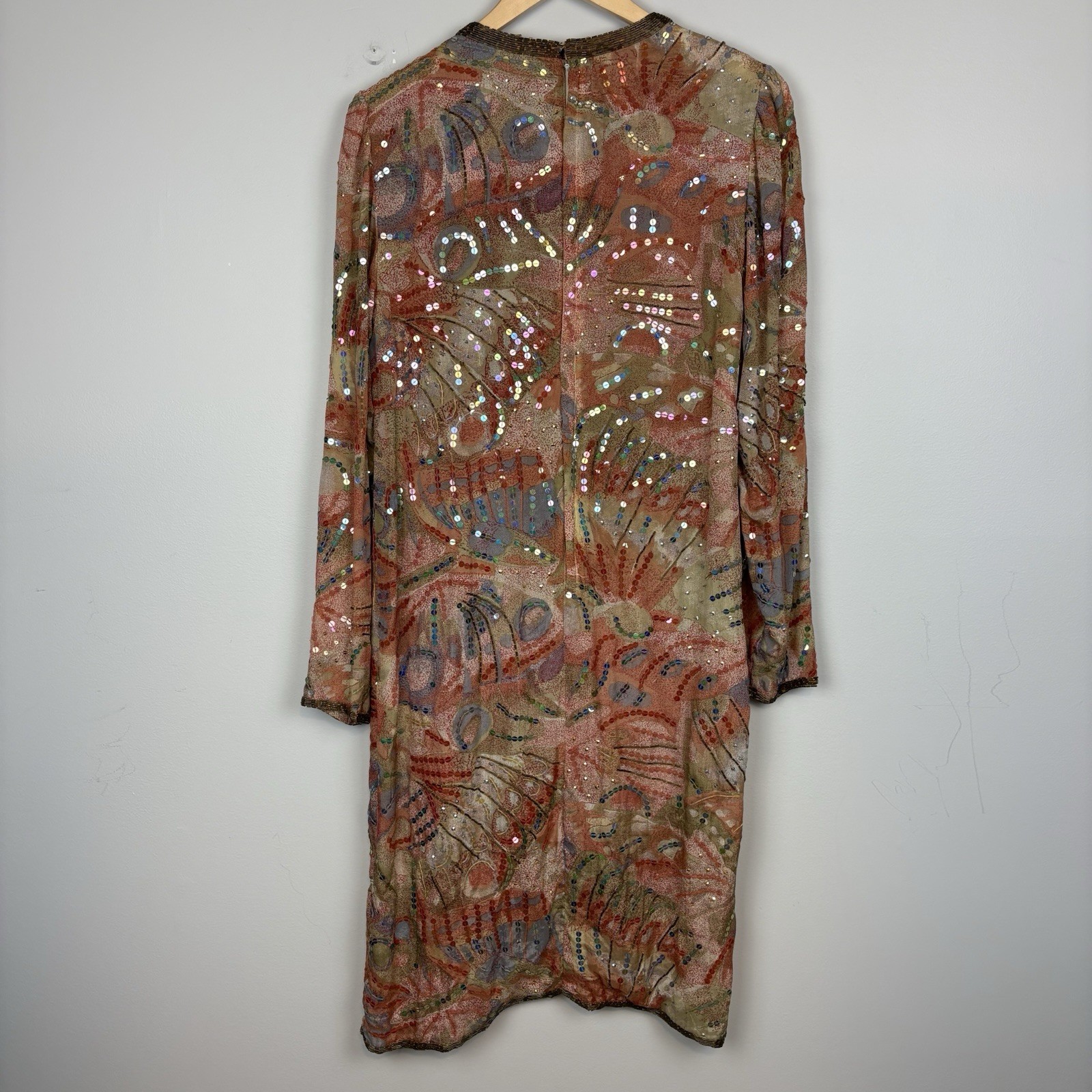 Vtg Judith Ann Creations Sequin 100% Abstract Silk India Long Sleeve Dress