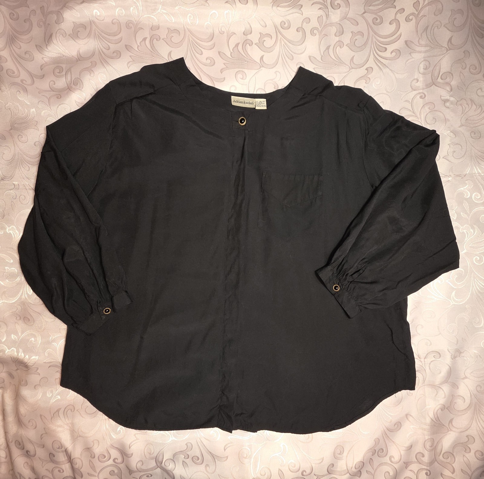 Vintage Adrian Jordan Black Long-sleeve Classy Blouse Mandarin Collar 30/32 5X