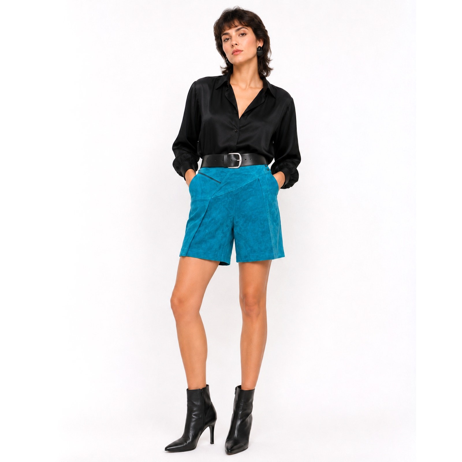 80s Dark Aqua Blue SUEDE Shorts | Asymmetrical Soft Leather | 28&Prime; W