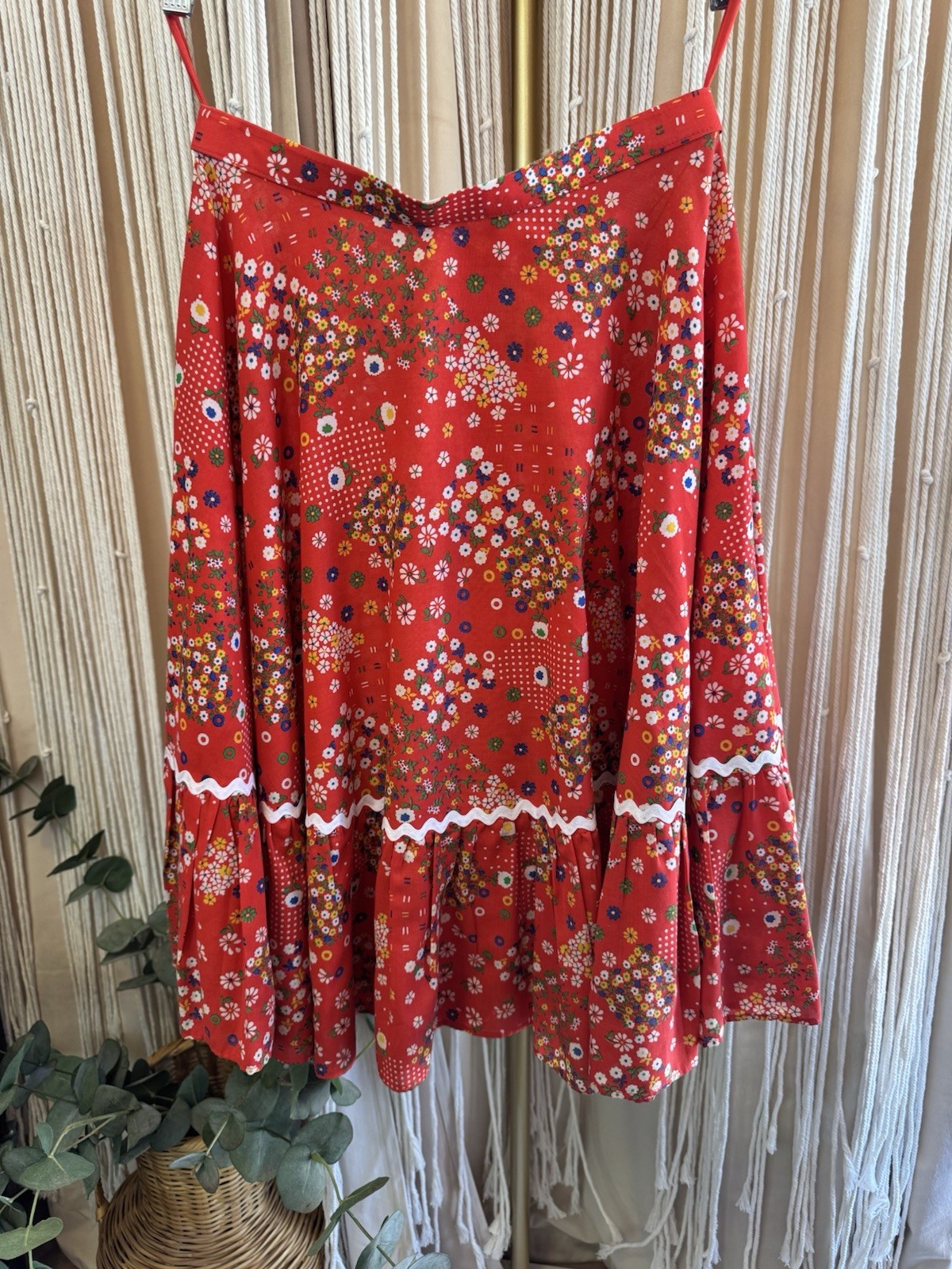 Vintage 70s Style Red Floral Tiered Peasant Midi Skirt Rick Rack Boho 12 Prairie