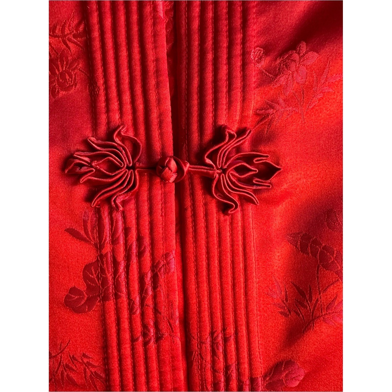Vintage Red Mandarin Frog Closure Satin Jacquard Jacket Chinese Brocade Artwear