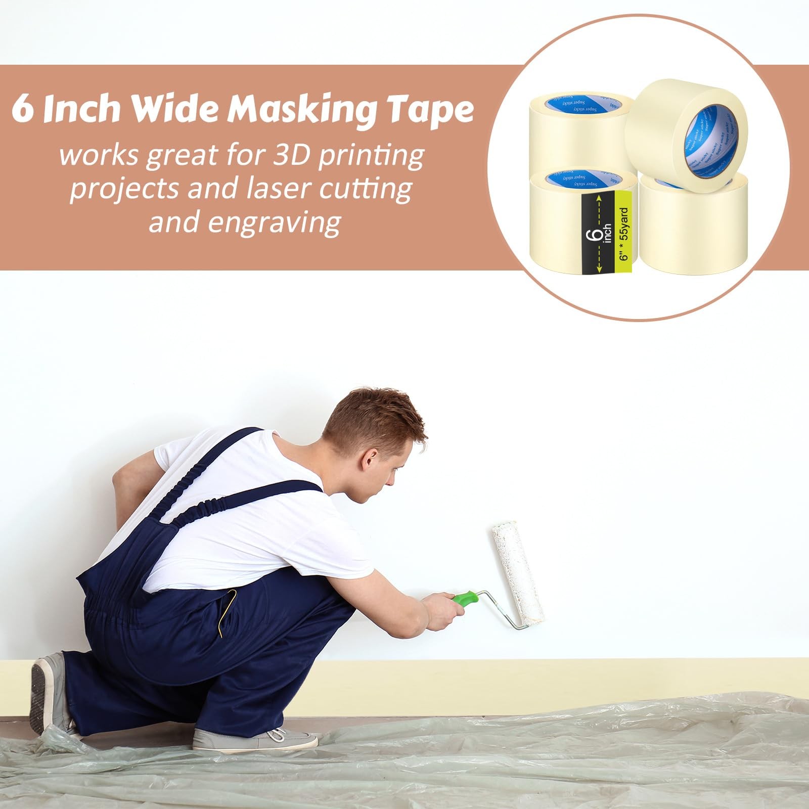 Fainne 6 Inch x 55 Yards Masking Tape 3 Rolls General Purpose Painting Home