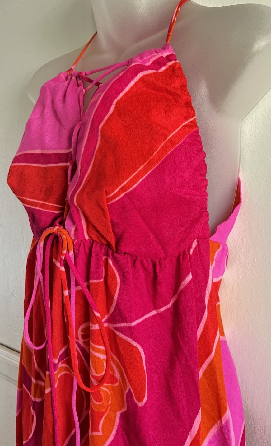 Vtg 1970s FUMI&rsquo;S At WAIKIKI Floral Pink Orange Bark Cloth Hawaiian Maxi Dress 10