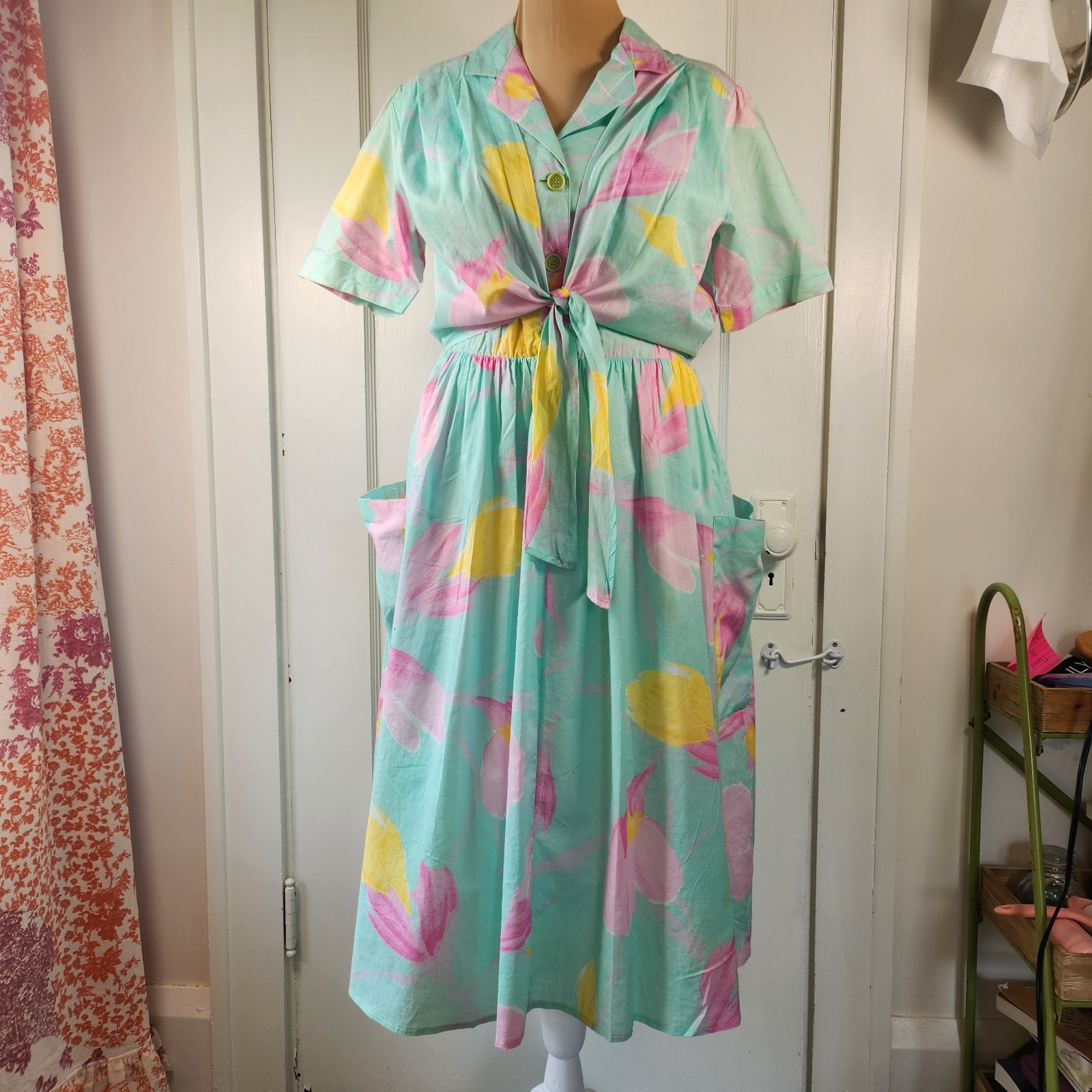 Vtg 80s L/XL Mint Cotton Candy Dress Pockets Tie Blouse Front Pastel Cute