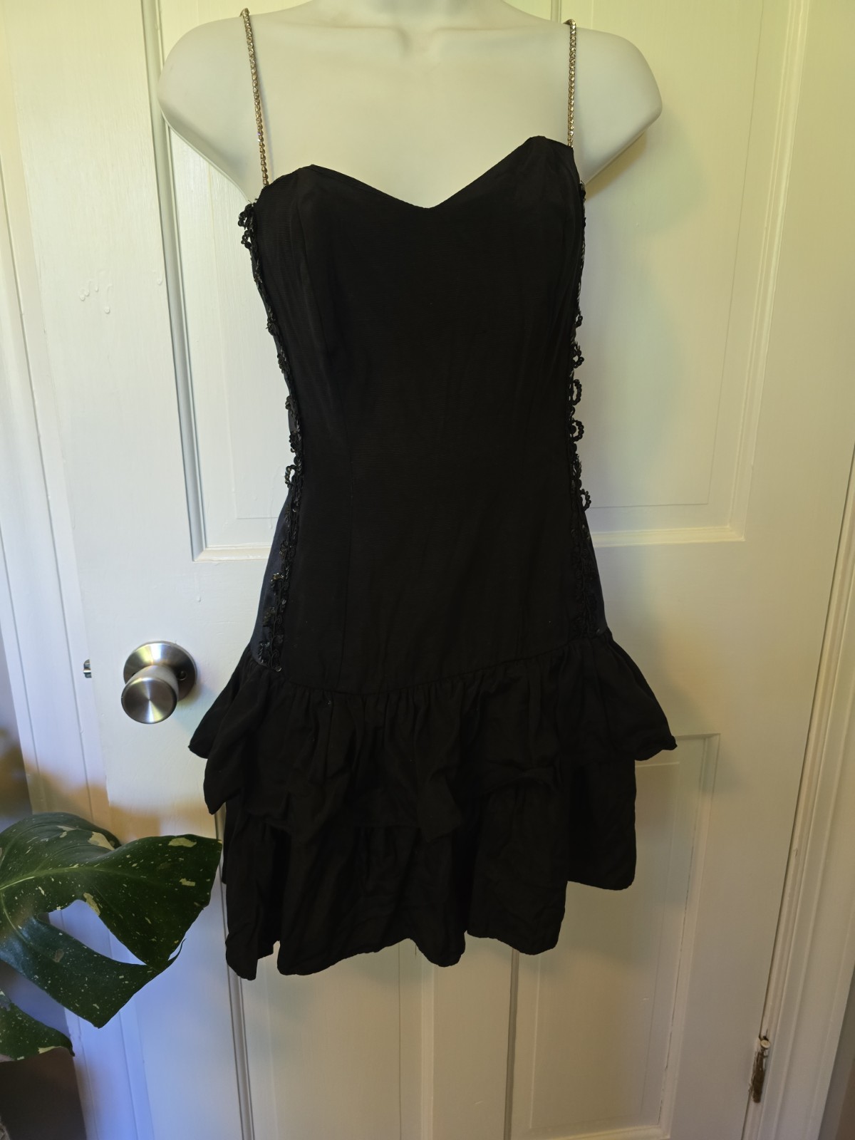 Vintage 90s Steppin Out L B D Rhinestone Strap Ruffle Skirt Sequin Lace Size 3