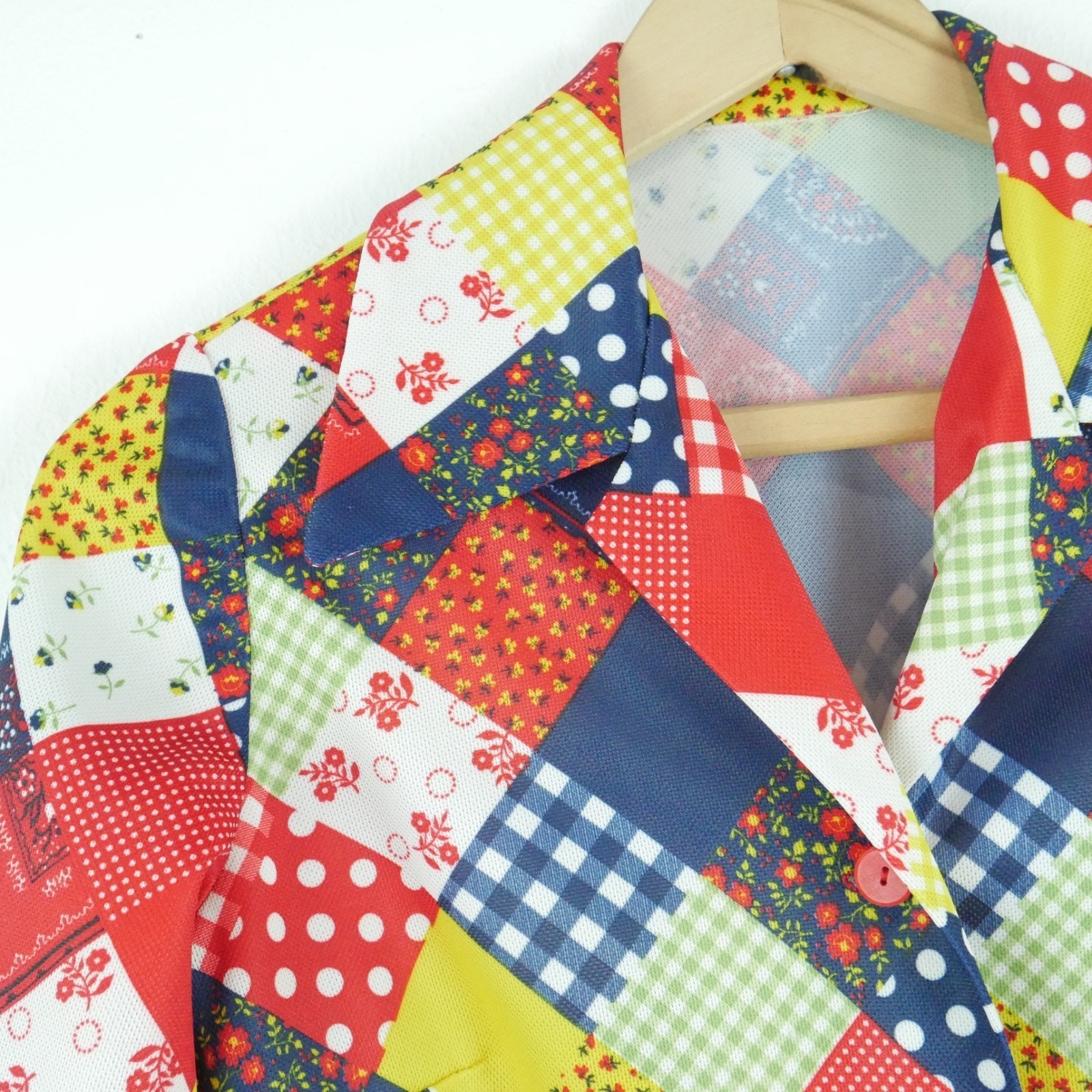 Vintage XS Shirt 70s Patchwork Print Novelty Retro Disco Hippy Polyester Plaid