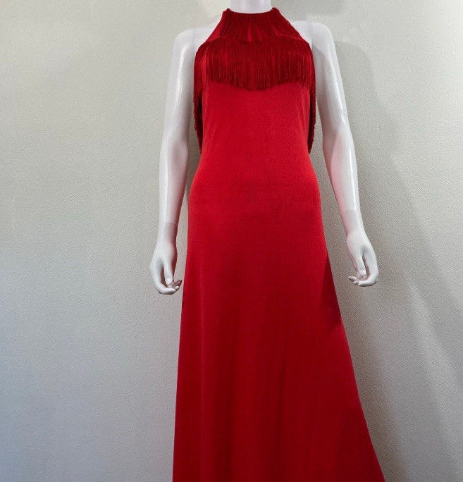 Vintage Disco Dress, Joy Stevens California Red Fringe 1970’s Retro Gown Size 6