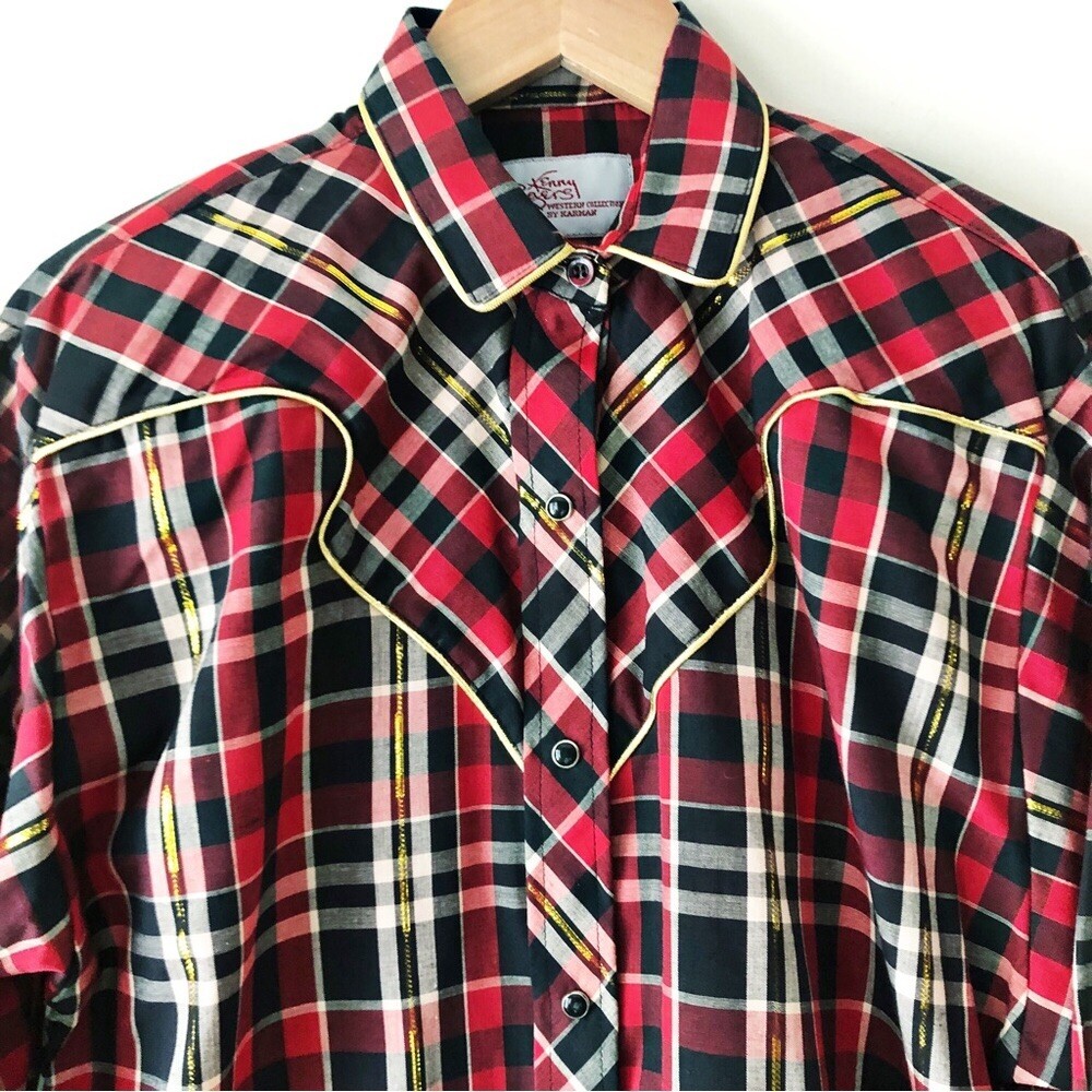 80s Kenny Rogers Western Plaid Button Down Piped Yoke Rodeo Chic Pearl Snap Sz M