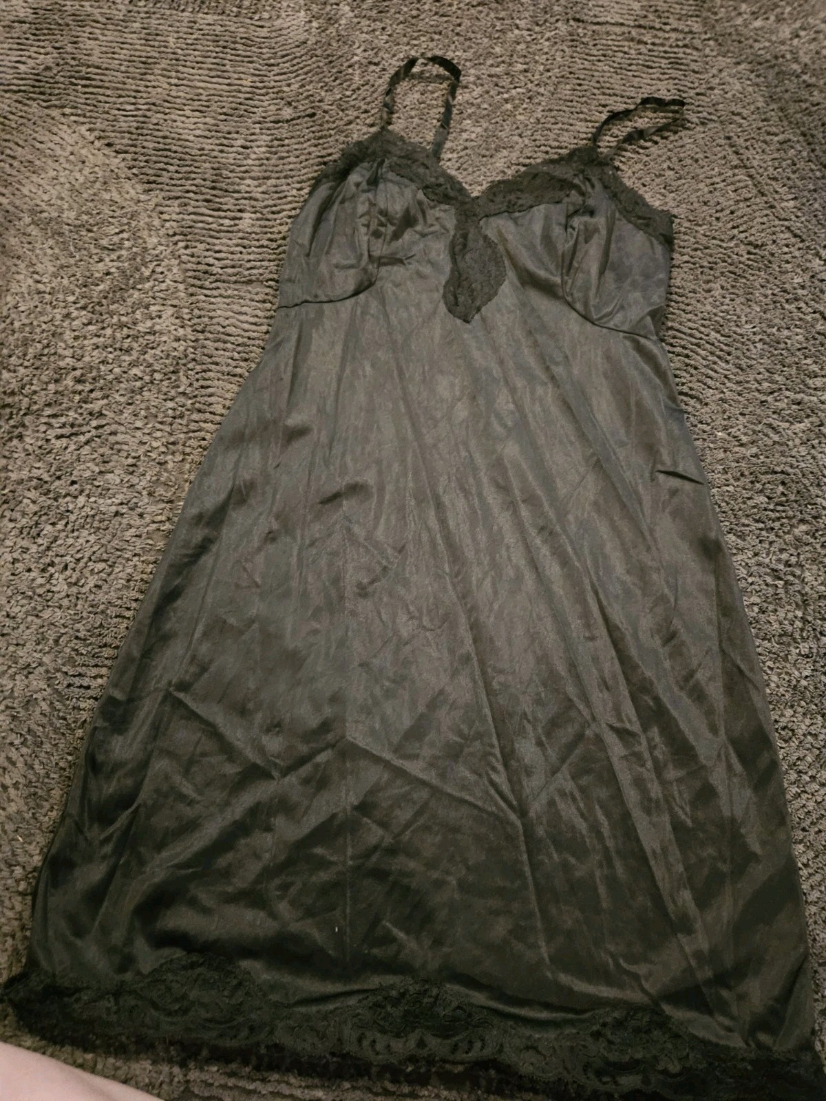 80s JC Penney Gaymode Black Nylon Lace Trim Full Slip Dress Goth Lingerie Sz 38