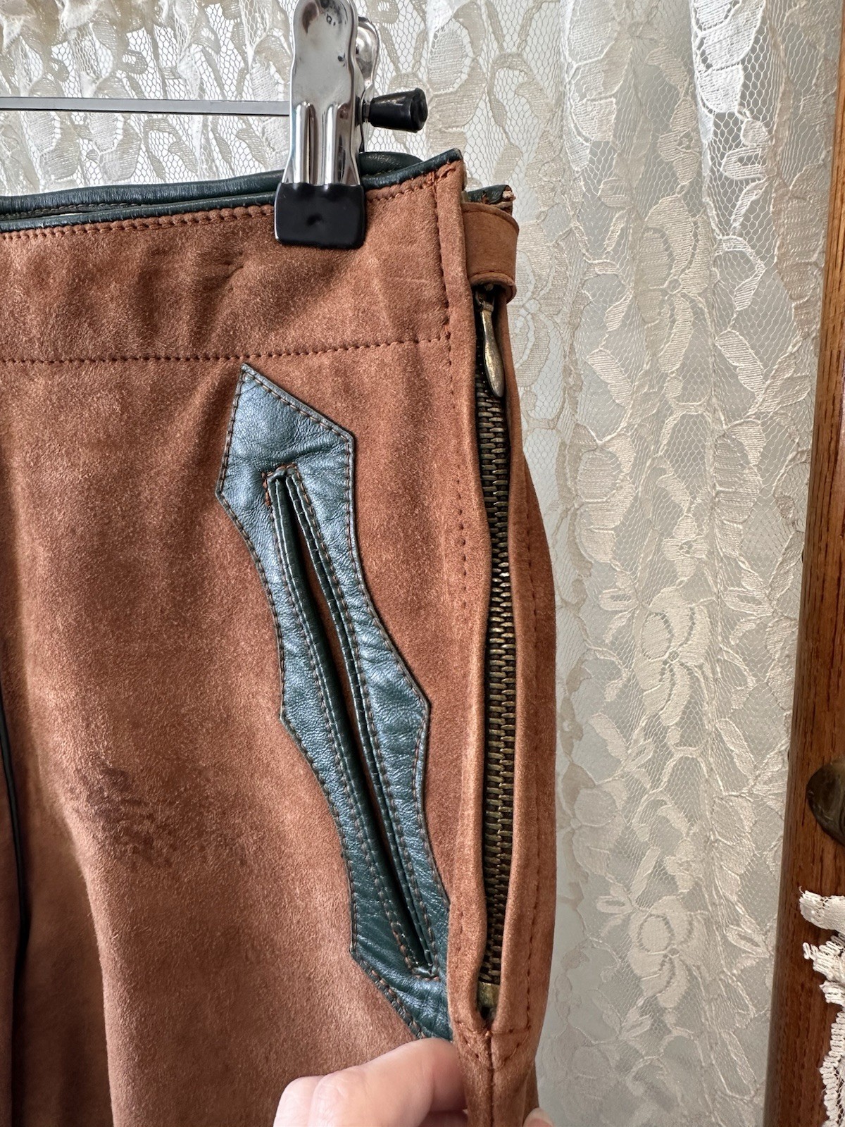 Vintage 1940s Leather Shorts Made In Germany Brown Green Side Buckles 25” Waist