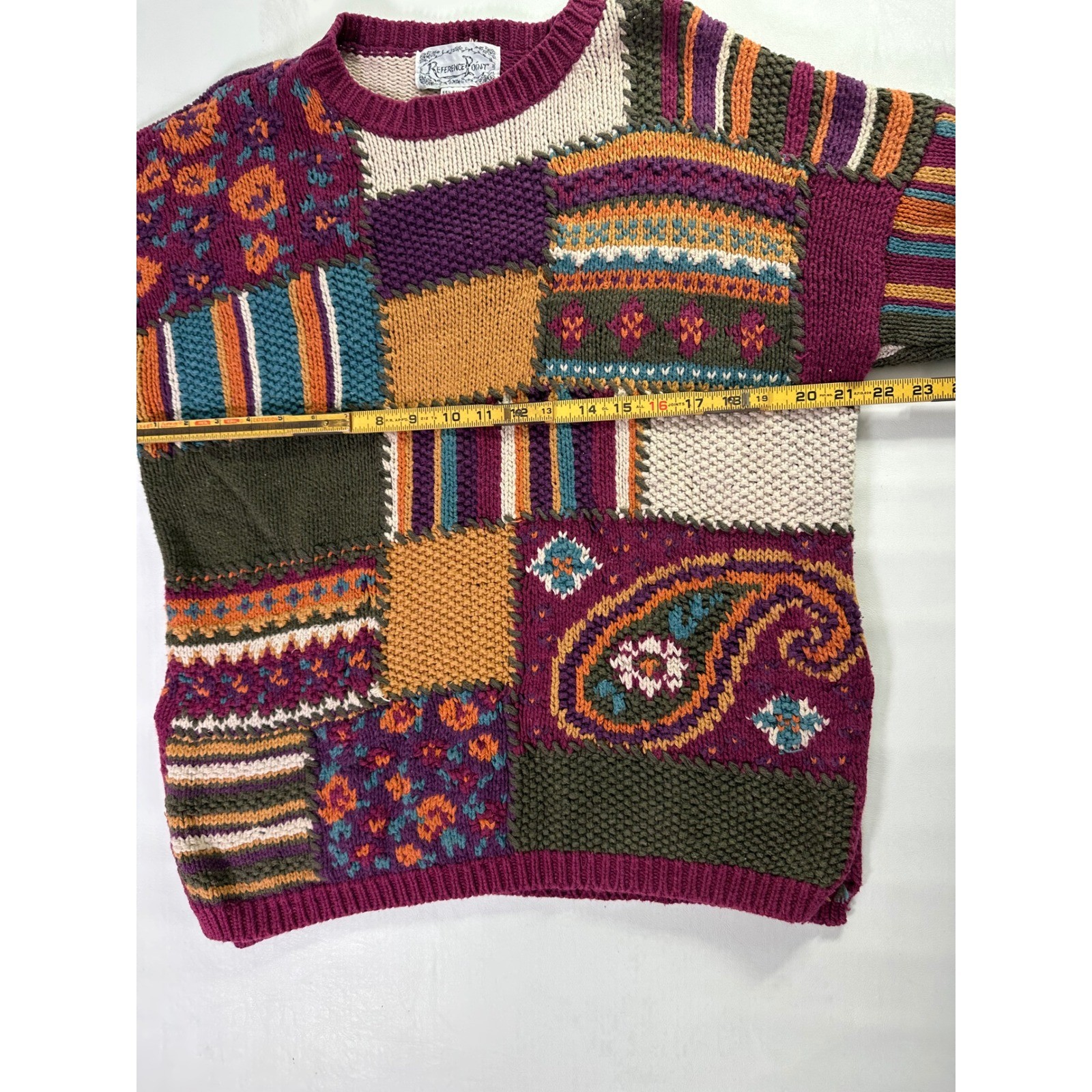 Reference Point Vintage 90s Patchwork Knit Sweater Sz Medium Ramie Cotton Mix