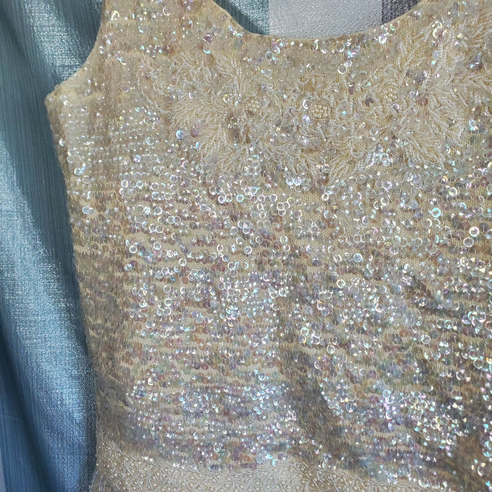 Vintage Alexanders Cream Wool Sequin Beaded Tank Top Shell Sz 38 Flapper Gatsby