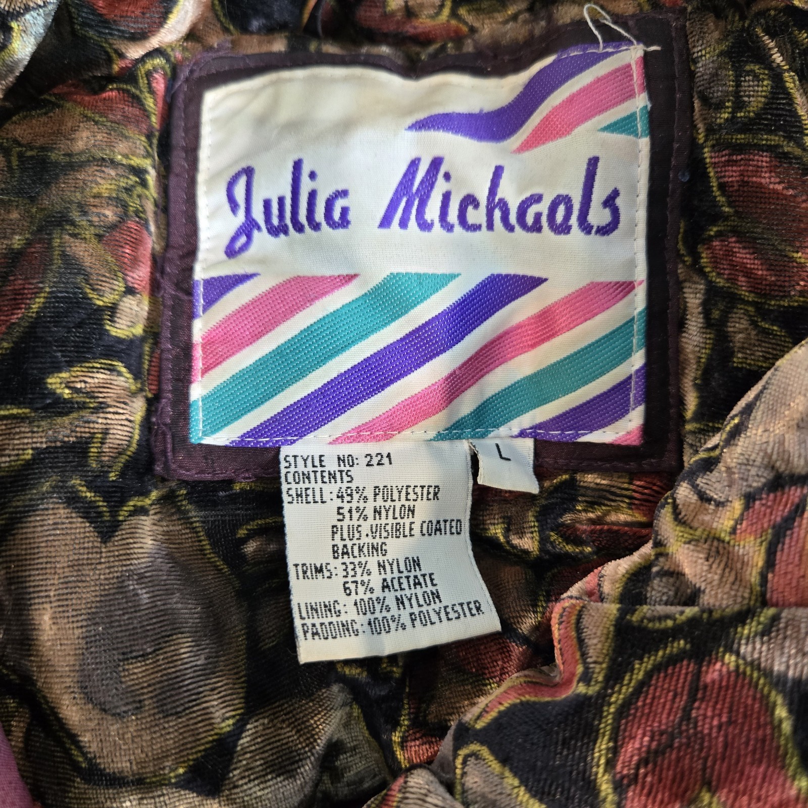 Julia Michaels Rare Vintage Womens Coat Plum Size L Vlevet Floral Poly Blend