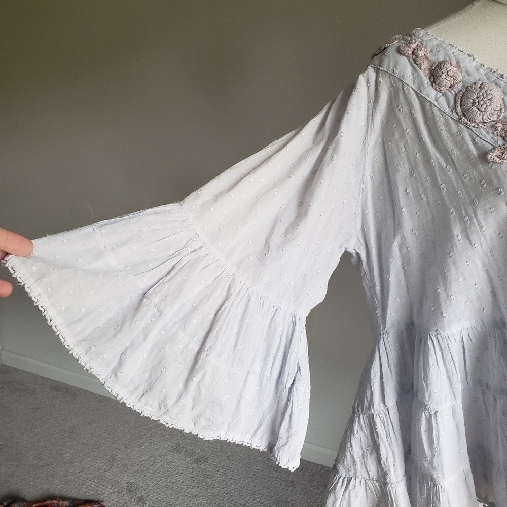 Antica Sartoria Baby Blue Peasant Blouse with Taupe Floral Embroidery One Size