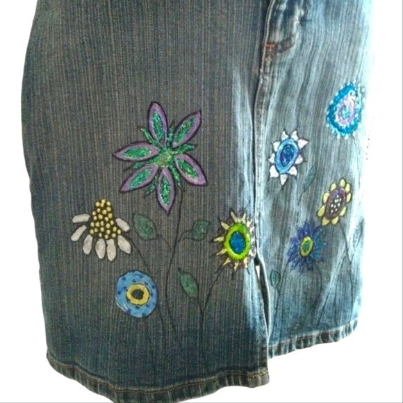 Upcycled & Hand-Painted Funky Floral Vintage Riders Copper Jean Skirt Size 5/6