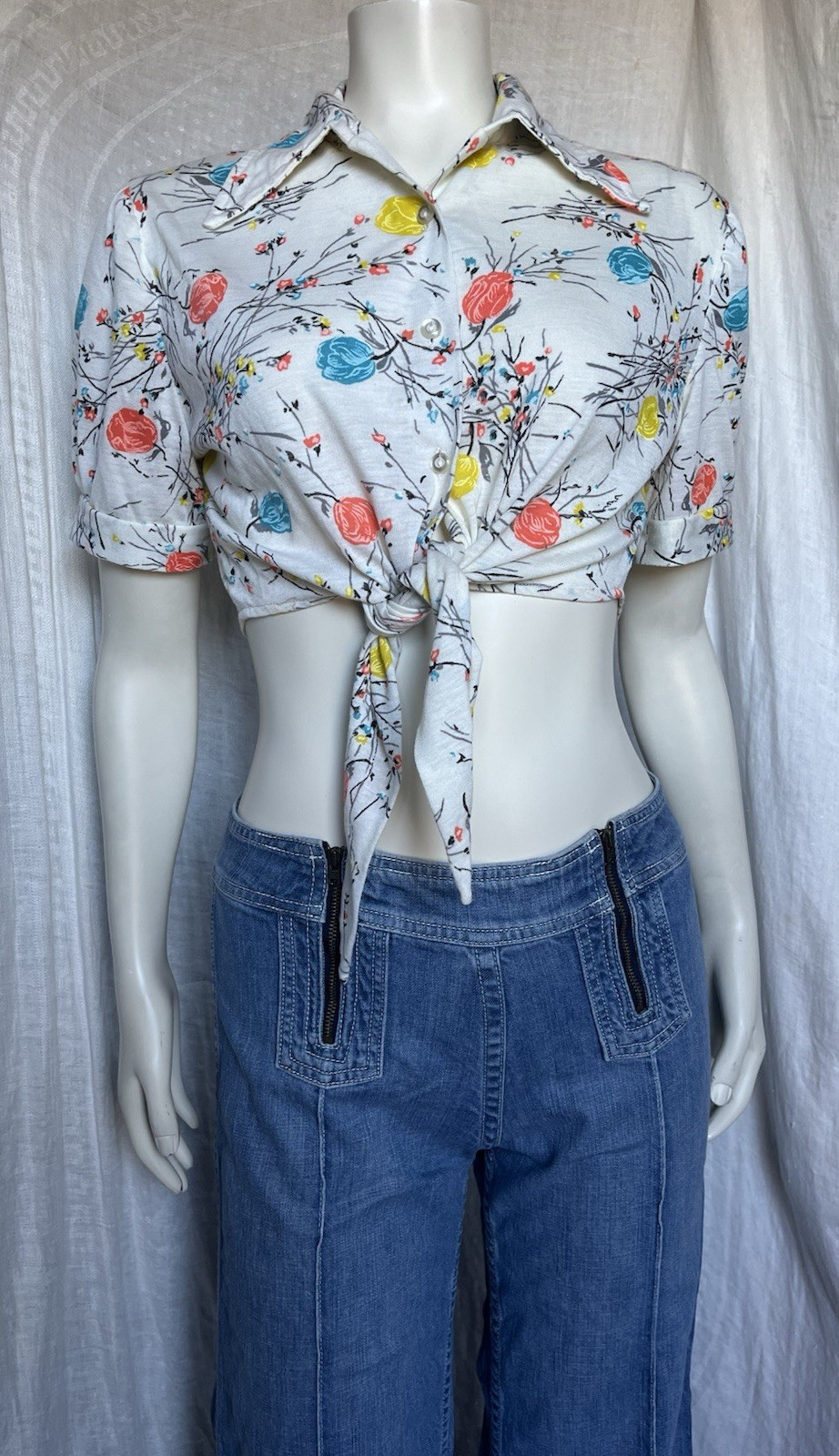 Vintage 70s Floral Crop Tie Blouse Summer Prairie Blooms Hippie Boho Cottage S/M