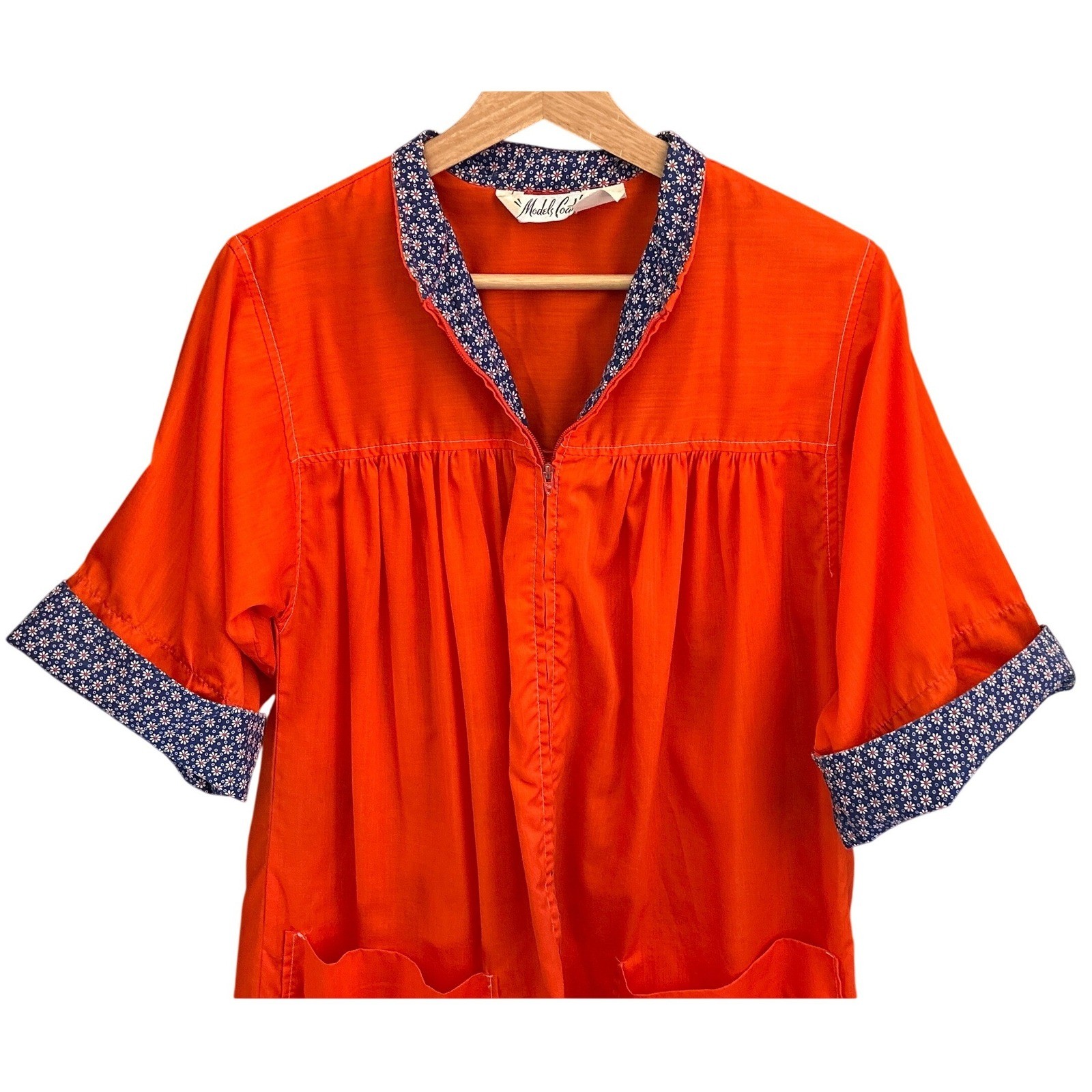 Vintage 70s Models Coat House Dress Zip Front Orange Grannycore Retro Loungewear