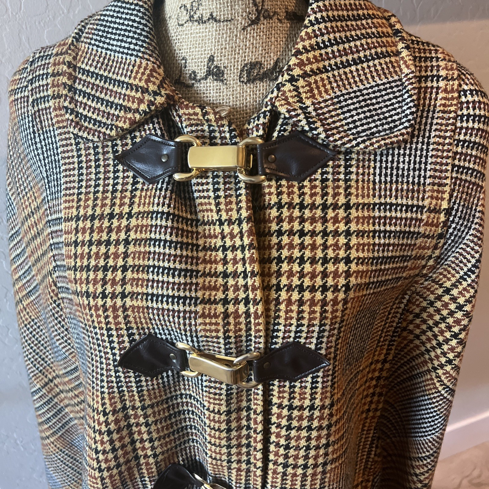 Vintage 1960s Wool Cape With Houndstooth Pattern and leather tab toggle…