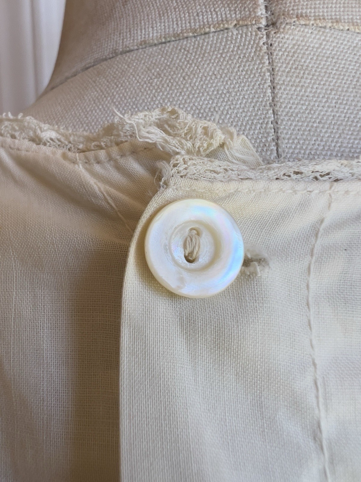 Antique Cotton Blouse Top Off White Hand Embroidered Lace Edwardian Button Back