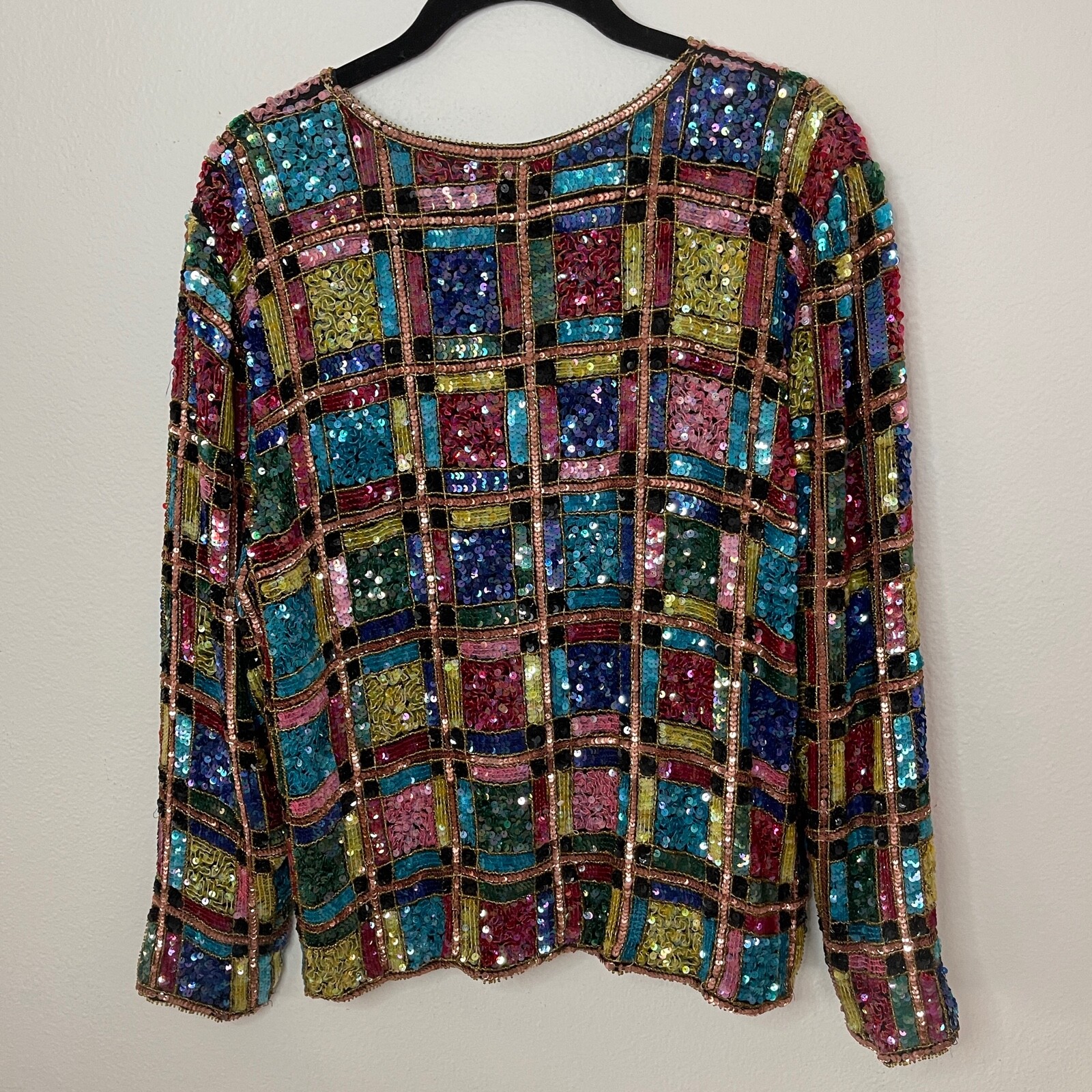 Channa Evening Jacket Sequin Embellished Silk Color Block Party Top VTG 80s M