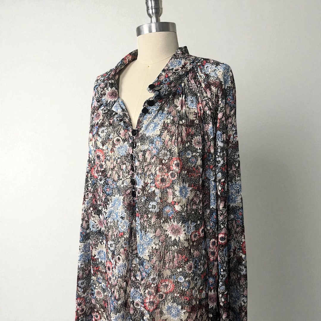 Vintage 70s Boho Long Sleeve Multicolor Floral Print Mesh Midi Dress S/M