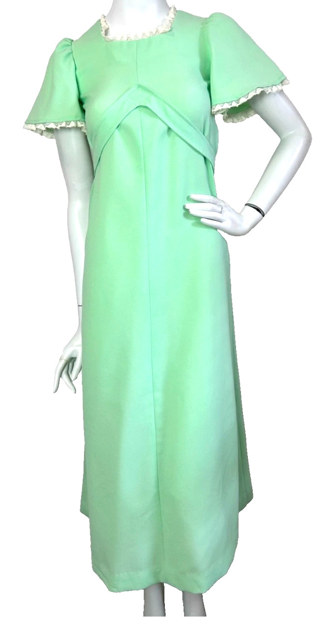 70s Prairie Dress Lace Trim Size XS Green Self Belt Maxi Short Puff Sleeve EUC