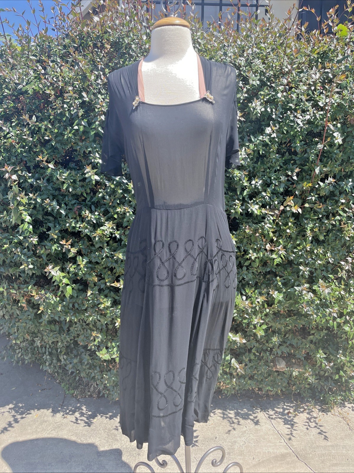 Vintage 30s 40s Handmade M Silk Crepe Dress Embroidered Lined Goth Cottagecore