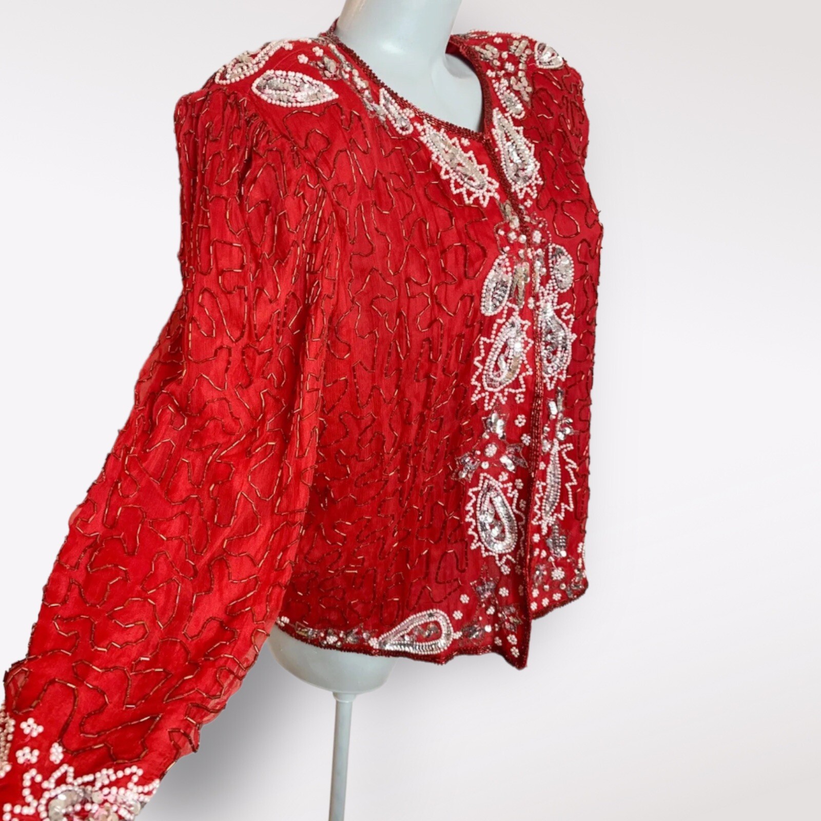 Vintage 90s Sequin SILK Beaded Paisley￼ Red Size Large L Womens Party Cocktail
