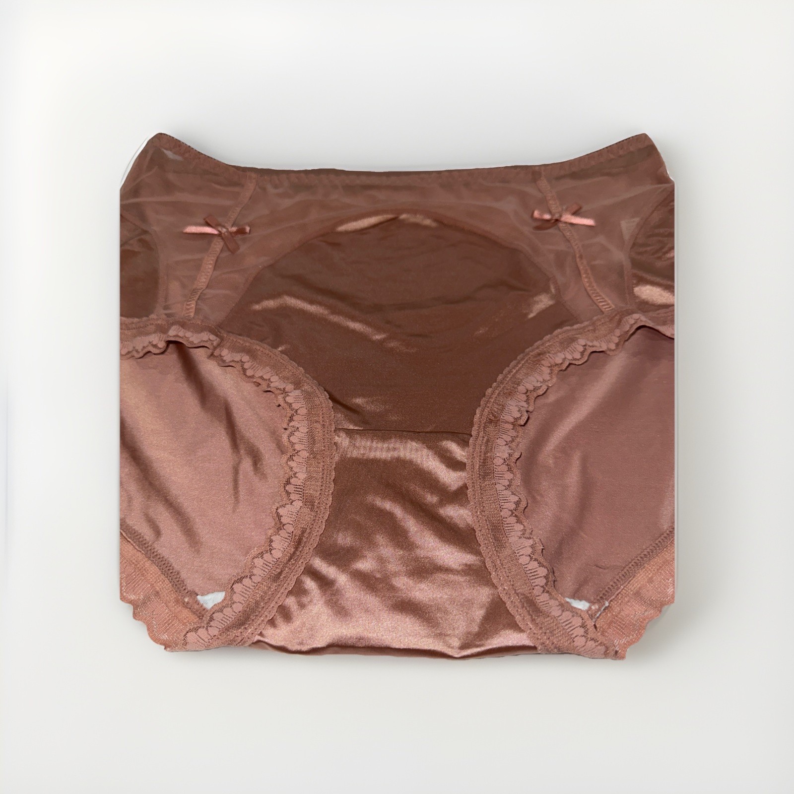 ~Shiny Large Rose Champaign Nylon Lace Blended Panties W/Bows Cotton Gusset New