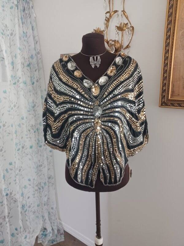 Vintage 70&rsquo;s Sequin Butterfly Swirl Top Silver & Gold Festival Disco Glam