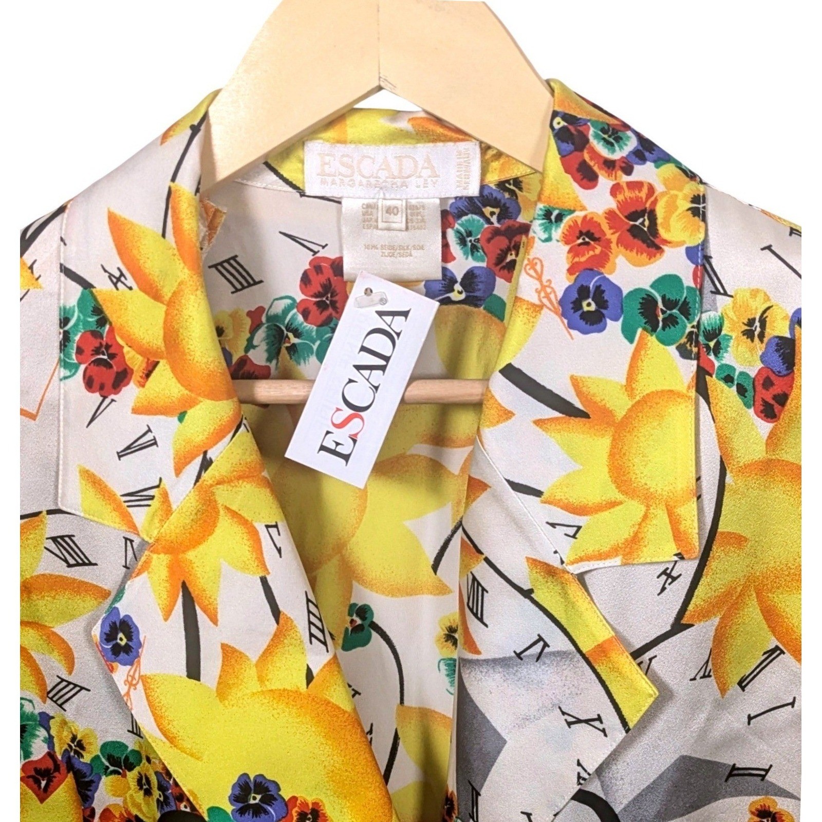Vintage 80s Escada Silk Blouse Sun Clock Novelty Print designer Top NWT Sz 40 M