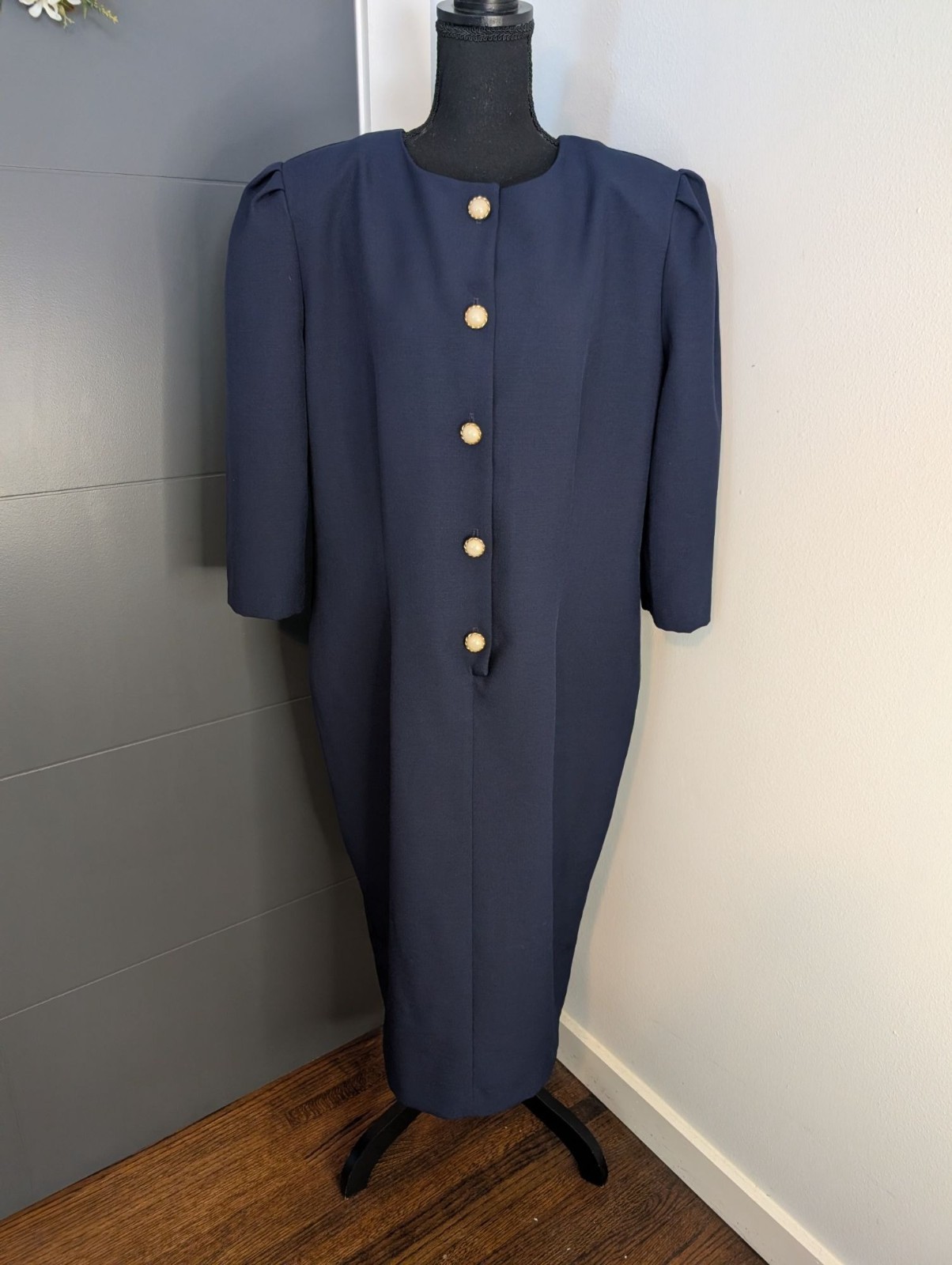Vintage Risa Ann Navy Blue Dress With Gold Button Accents – 16W – Made In USA