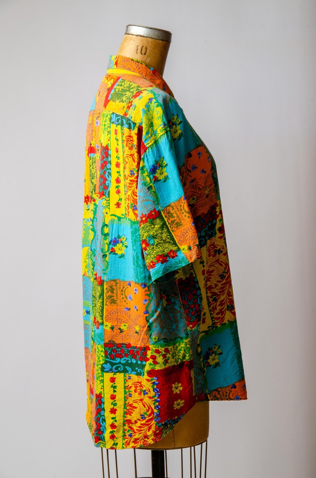 1980s Jams World Paint Brush Flowers Patchwork Rayon Button Down Shirt