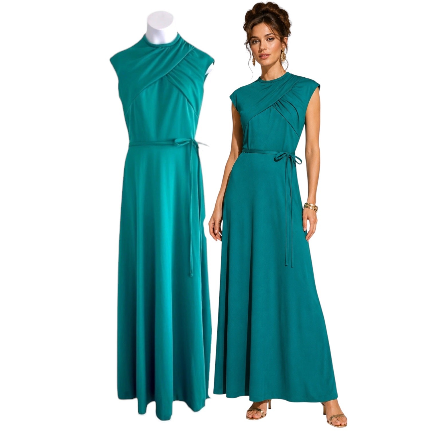 Vtg 70s House of Bianchi Teal Jersey Maxi Dress SIze Small Grecian Formal Glam