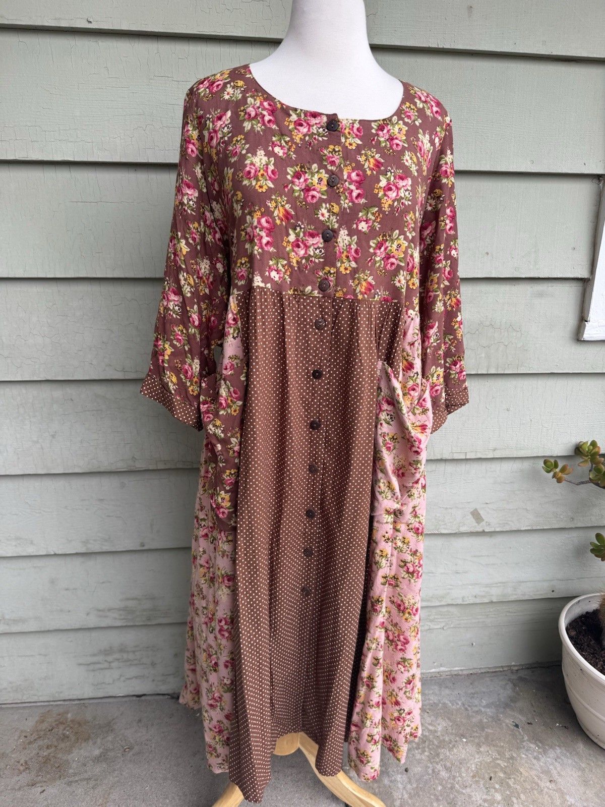 Vtg 90’s April Cornell Patchwork Cottagecore Grunge Dress Pink Brown Floral XXL