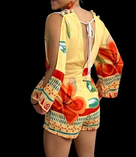 Short Romper Yellow Flower Fantasy Size S Small long Sleeves Wood Beaded Accents
