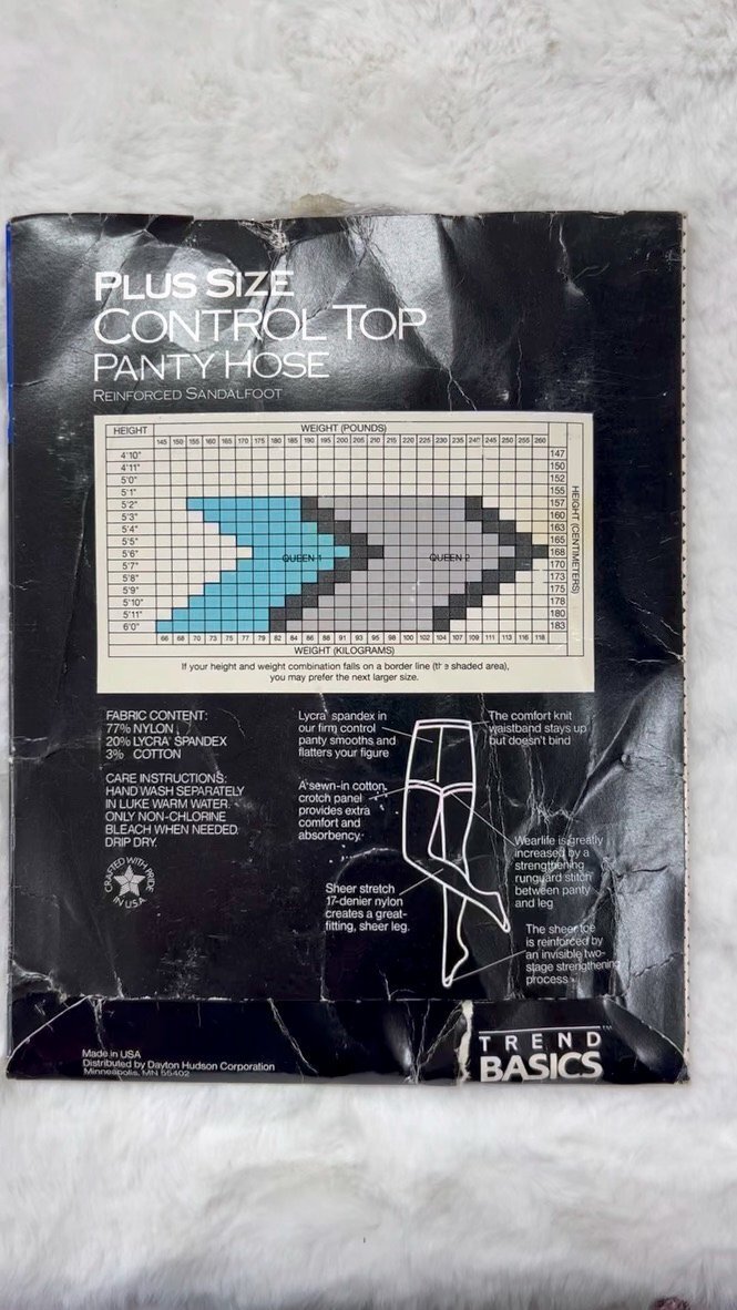 Vintage Plus Size Control Top Pantyhose Queen Black Trend Basics USA Union Label