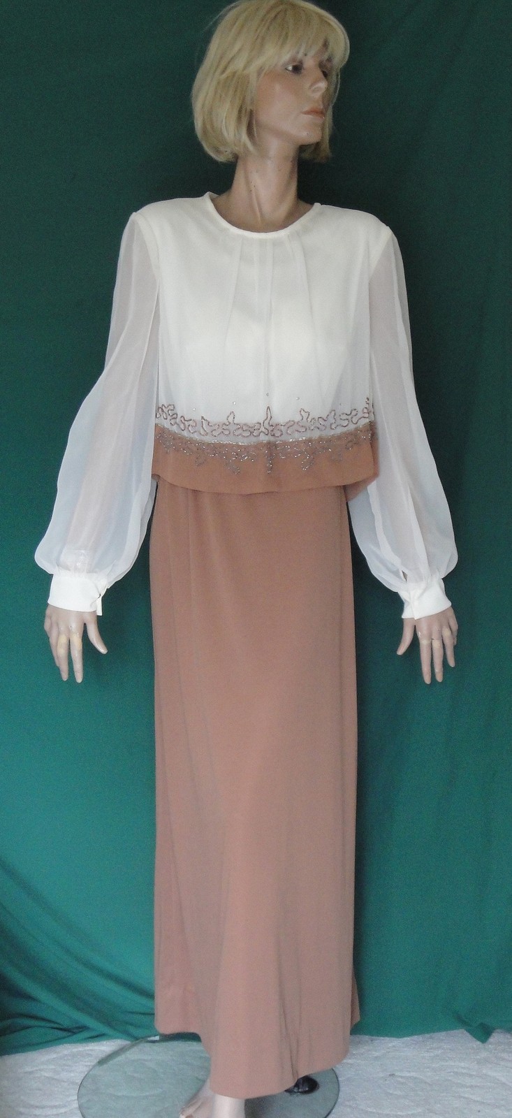 Vintage Long Dress Brown and Cream Chiffon Polyester Beaded Rhinestones 20 1/2