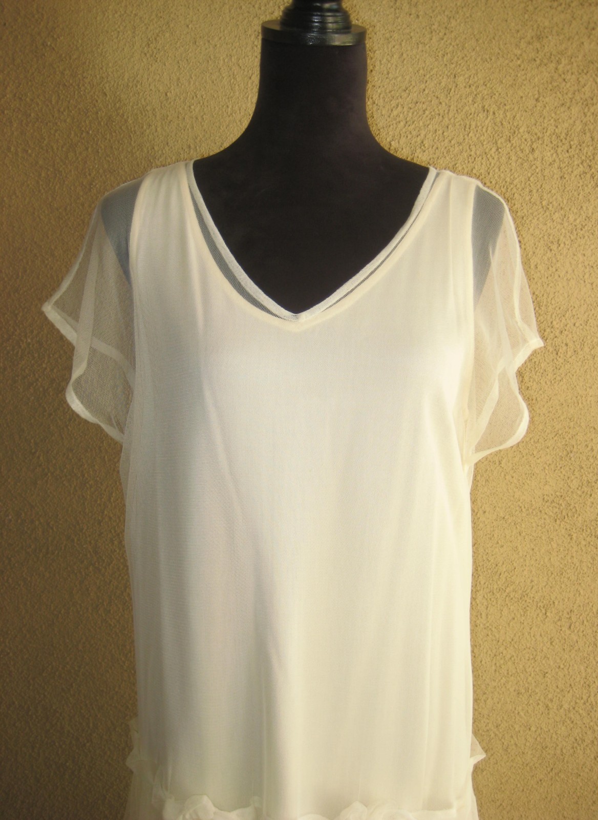 Vintage April Cornell ivory mesh overlay drop waist handkerchief hem dress M