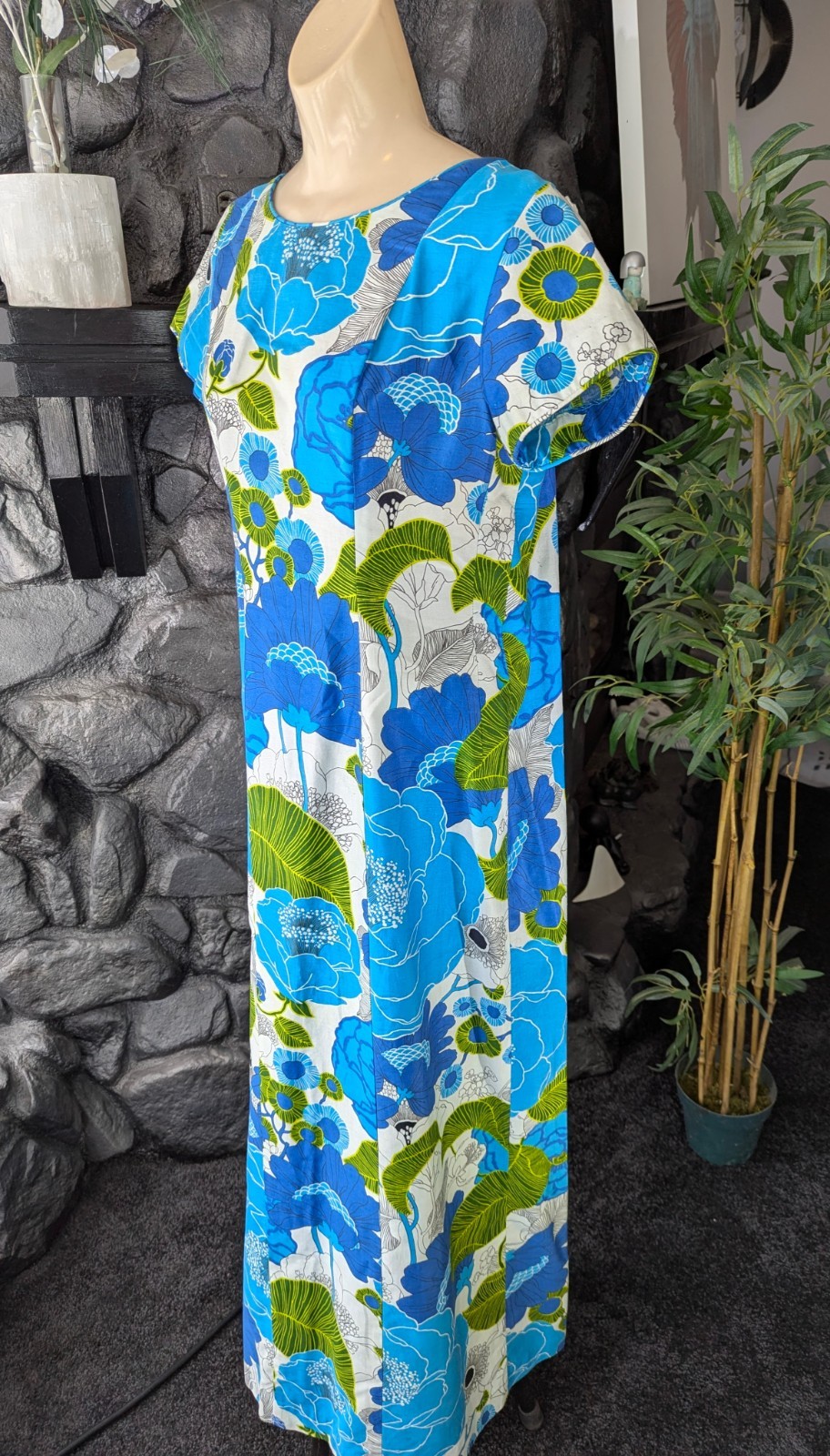 Vintage Lauhala 1970s Hawaiian MuuMuu Aloha Dress Ankle Maxi Sz 10 Blue Train