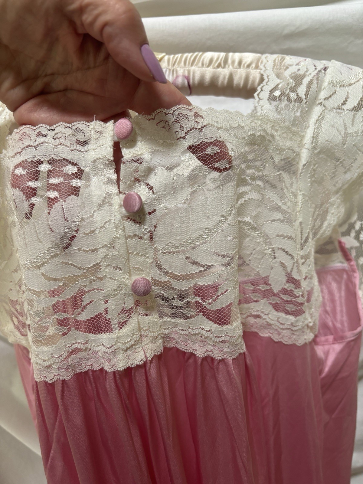 Vtg Brownstone Studio Pink Silky Nylon & Lace Long Nightgown S / M Petite ~
