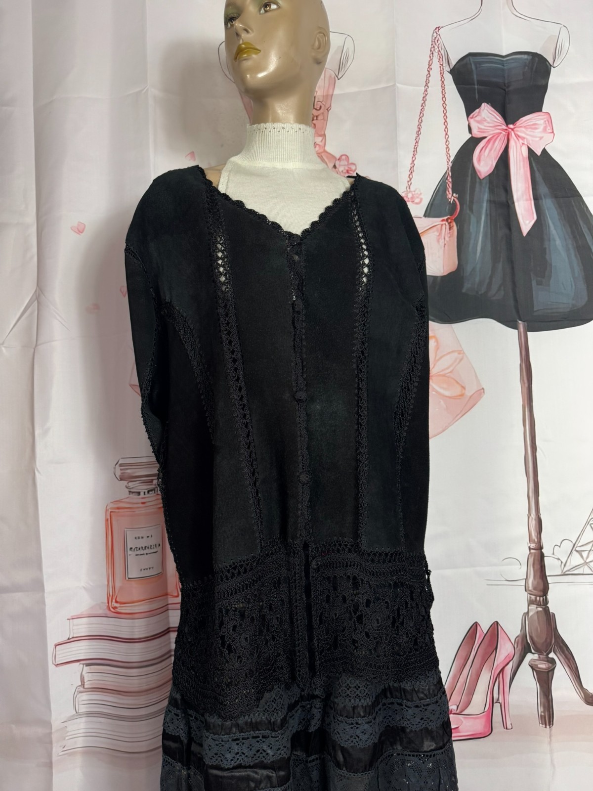 Vintage Leather Jacket Black Crochet Lace Boho Gothic Oversized 44 46 48